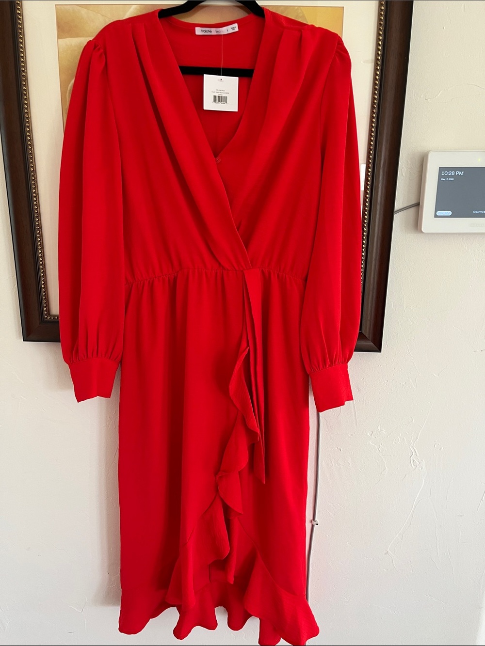 Red Ruffle-Front Midi Dress with Long Sleeves